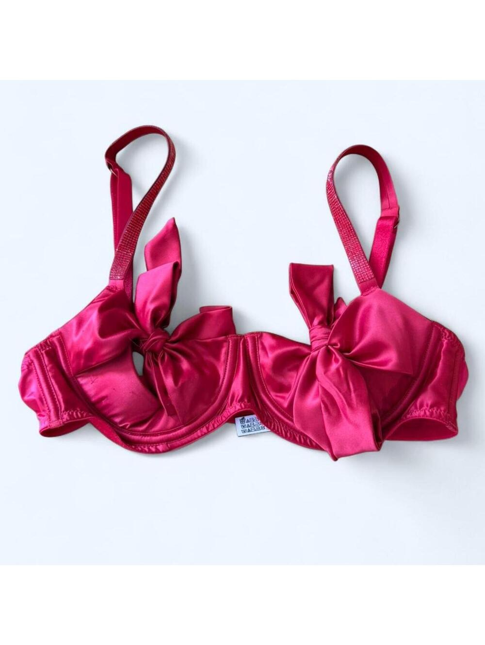 Hot pink satin bra with bow detail